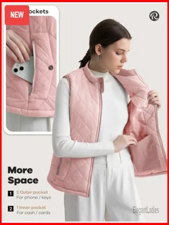 Quilted Puffer Vest Water-Resistant Lightweight with Pockets Regular Fit - Picture 5 of 7